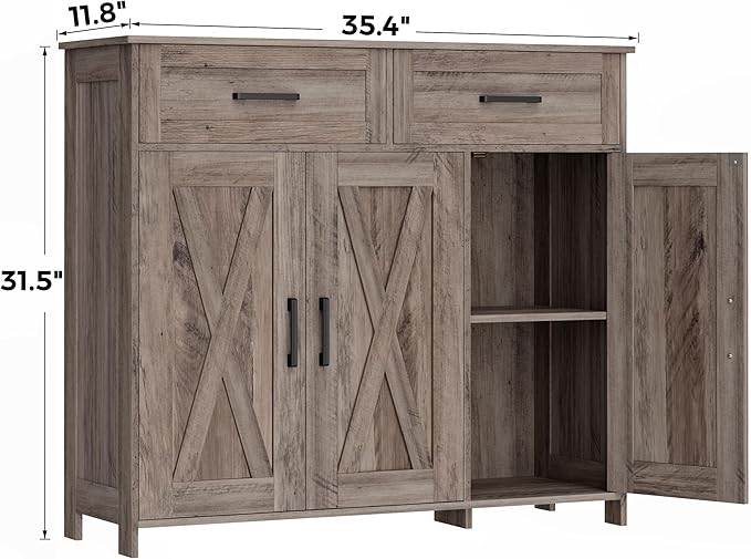 Homhedy Sideboard Buffet Cabinet, Coffee Bar Storage Cabinet with Drawers and Doors, Farmhouse Kitchen Cabinet with Adjustable Shelves, for Kitchen, Dining Room, Living Room, Greige