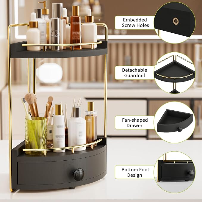 2-Tier Corner Bathroom Counter Organizer with Drawer, Black Gold | Embedded Screw Holes, Wooden Countertop Organizers, Space-Saving, Bottom Ventilation Design, Counter Shelf for Vanity