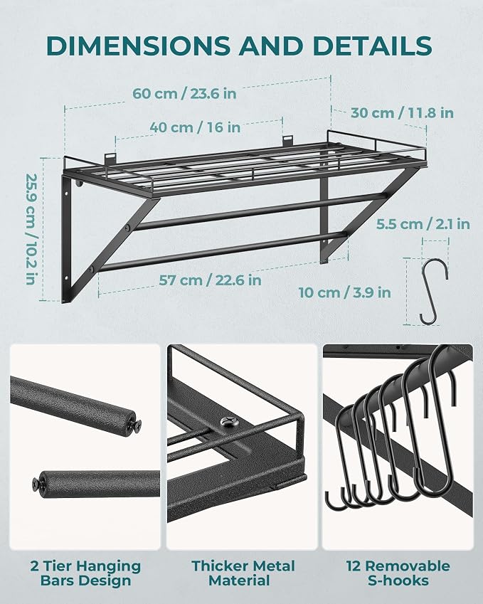 OROPY 23" Pot Rack Wall Mounted, Pot Organizer with 2 Tier Hanging Rails | Heavy Duty Pot and Pan Organizer with Storage Shelf & 12 S Hooks, Space Saving Hanging Pot Rack