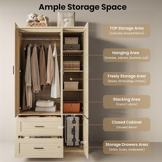 ANCTOR 70.6 Inch Armoire Wardrobe Closet with Drawers (Light Oak) | Hanging Rod, Drawers, Adjustable Cube Shelves, Closed Cabinet Organizer, Modern Bedroom Clothes Cabinet