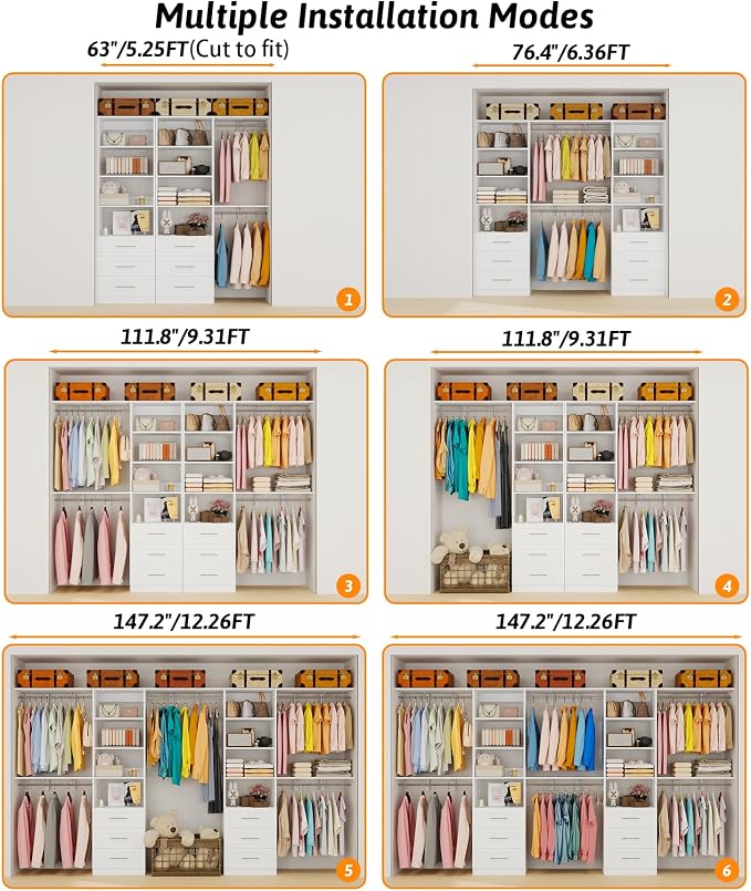 Closet System with 6 Wood Drawers, 5.3FT-8FT-12.3FT Closet Organizer System Storage Storage Adjustable with 6 Cuttable Shelves & 6 Expandable Hanging Rods, Walk in Closet, 2 Sets , White
