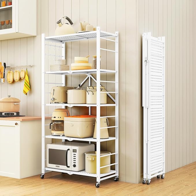 Fenbeli 5 Tier Folding Storage Shelf with Wheels – Heavy Duty Metal Organizer Rack, No Assembly Collapsible Utility Shelving Unit for Garage, Kitchen, Pantry, Basement, Office (White-A, 5 Tier)