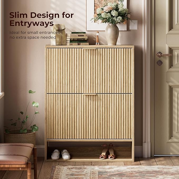 Evermagin Shoe Cabinet Storage for Entryway, Fluted Slim Shoe Dresser, Narrow Shoe Rack Cabinet, Hidden Shoe Organizer Cabinet for Entrance, Hallway (Oak, 2 Flip Drawers with Drawer)