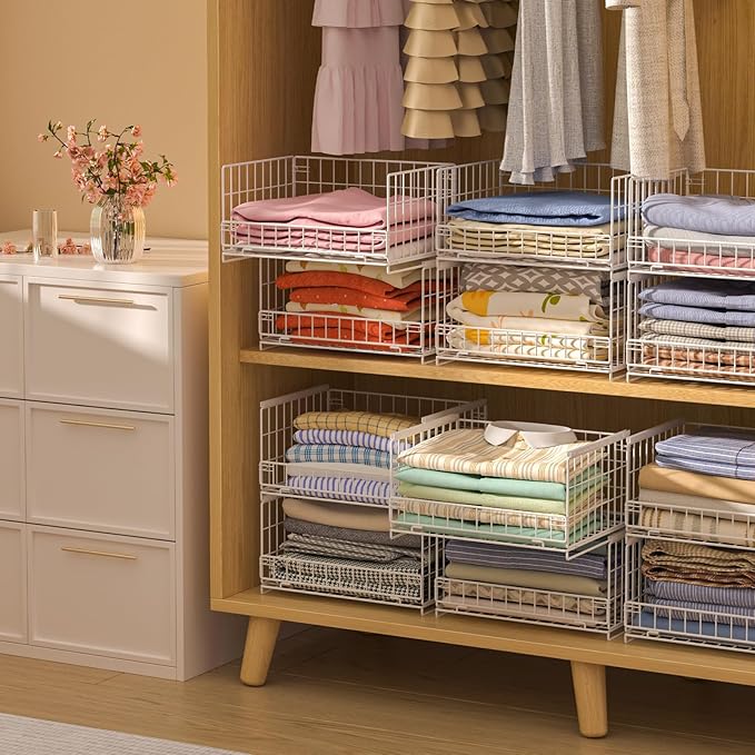 Hongtamoya 4-Tier Sliding Closet Organizers and Storage Shelves, Stackable Closet Shelf Organizer Basket Bins, Drawer Shelf Storage Container for Wardrobe Cupboard Kitchen Bathroom Office, White