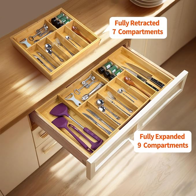 Utoplike Extra Large Kitchen Drawer Organizer, Solid Bamboo Silverware Tray | Expandable Drawers Organizer Holder for Utensils, Cutlery, Silverware, Flatware and Spatulas, with Non-slip Pads, 7-9 Slots