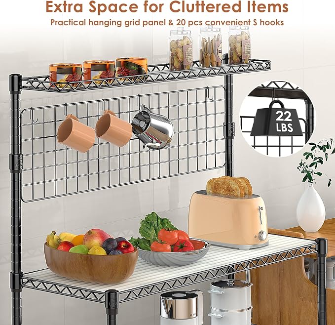 Bakers Rack with Storage & Wheels, 42In Microwave Stand Kitchen Shelves | 4-Tier Heavy Duty Storage Rack with 20 S-Hooks, Commercial Metal Utility Kitchen Cart, 42× 18× 63 Inch, Black