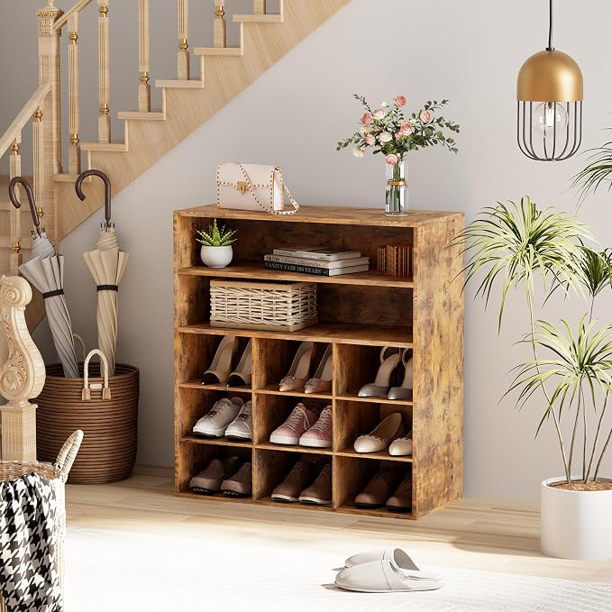 9-Cubby Shoe Rack, Wood Shoe Organizer Bench for Entryway Hallway Closet | Wood