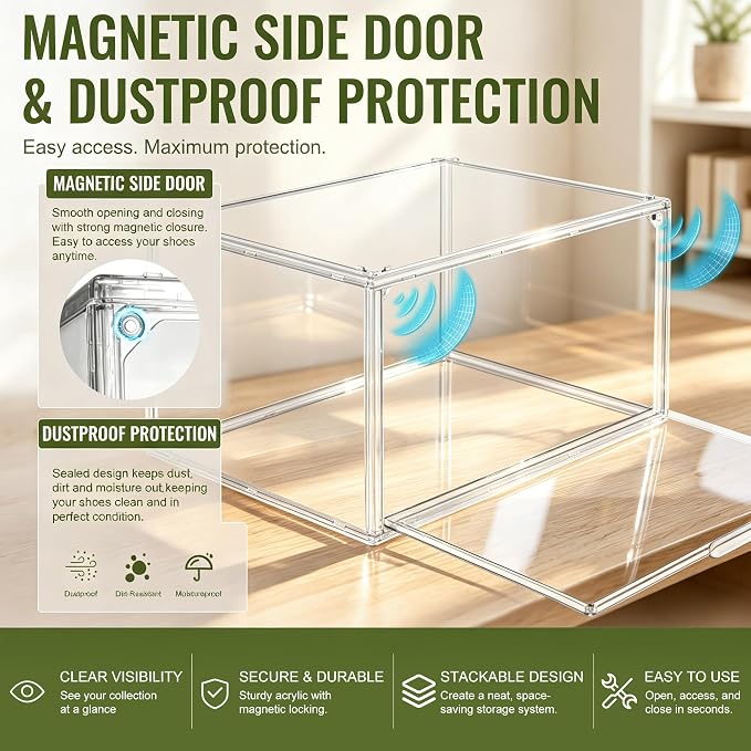 Clear Acrylic Shoe Box Size 14, Stackable Everyday Footwear Storage | Fits size 14 sneakers,casual shoes and athletic footwear. Clear acrylic design with magnetic door & dustproof storage.1 Pack