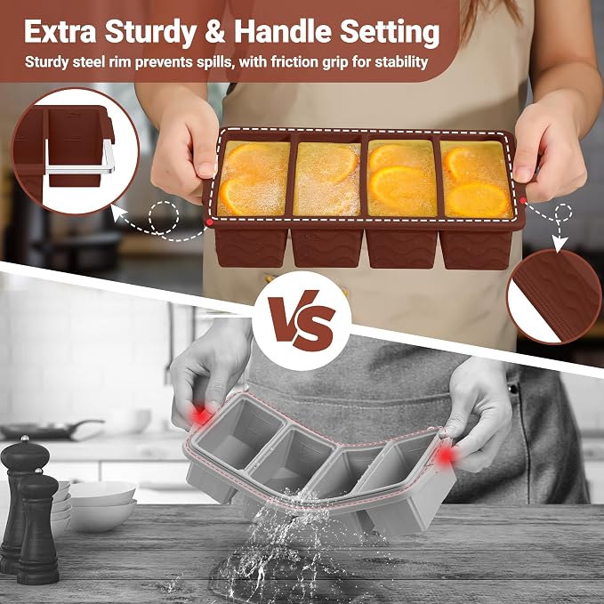 Silicone Freezer Molds for Soup with Lid, 1-Cup & 2-Cup Large Ice Cube Trays Food Storage Containers for Meal Prep, Freeze 500mL/250mL/125mL Portions – 2 Pack