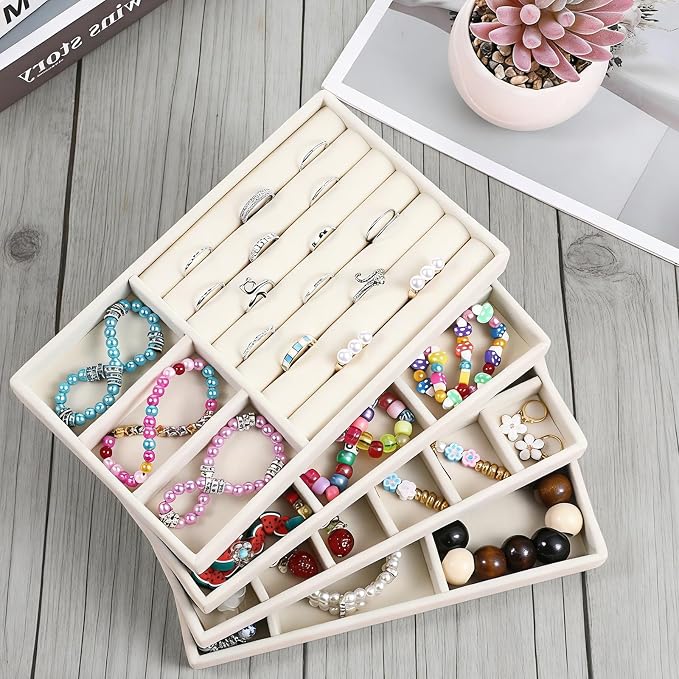 8 PCS Velvet Jewelry Trays, Stackable Jewelry Organizer Trays for Drawer | Multi Grid Earring Tray for Storing Necklaces, Rings, Earrings, Dressing Tables and Drawers-4 Styles, 8.3 x 4.9 Inch