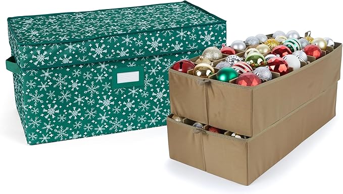 Covermates Keepsakes Adjustable Ornament Storage Box – Heavy-Duty Polyester, Padded Dividers & FlexGrid Trays – Protective Holiday Organizer with Stackable Walls & Label Window, Green Snowflake