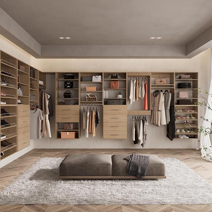 ROOMTEC Modular Closet System, 49" Wall Mounted Closet Organizer with Hanging Rods and Shoe Shelf, Wooden Tower for Walk-In Closets, Wardrobe Storage Kit, Wood