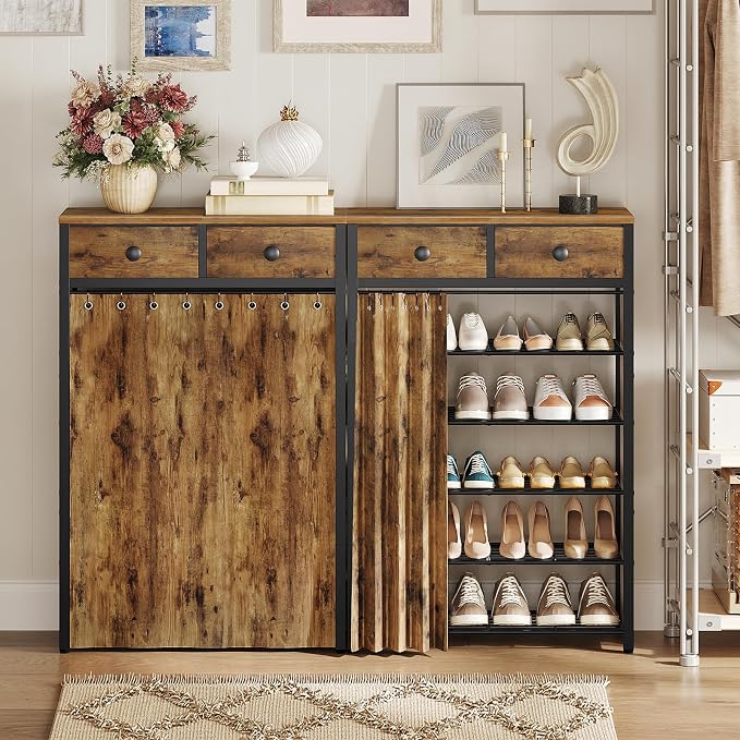 YATINEY 6-Tier Shoe Rack with 2 Non-Woven Drawers, Entryway Shoe Storage with Dust Cover, Metal Shoe Organizer, Space Saving Shoe Cabinet, for Entryway, Closet, Hallway, Rustic Brown and Black SS33BR