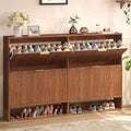 Hootata 47.2''W Walnut Shoe Storage Cabinet for Entryway with 4 Flip Drawers, Fluted Slim Shoe Cabinet, Free Standing Wooden Shoes Organizer for Foyer, Hallway