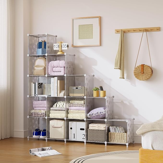 UNKU Cube Storage Organizer, 16 Cube Closet Organizer Storage Shelves, DIY Stackable Bookcase, Clothes Organizer Shelf for Closet, Bedroom, Living Room, Cabinet, Home, Office, Translucent