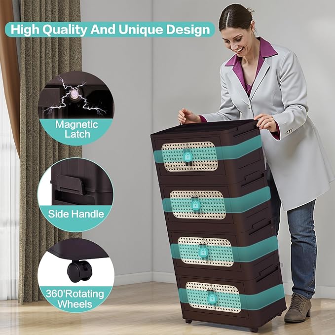 5 Tiers Folding Storage Cabinet,20" Side Wide Stackable Storage Bins with Doors and Wheels, Space Saving Plastic Cabinet for Living Room, Office, Dorm, Retro Brown