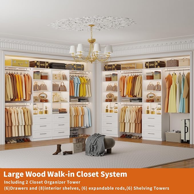 Closet System with 6 Drawers, 6-13FT Closet Organizer System Wood with 8 Shelves & 6 Expandable Hanging Rods, Closet Systems Kit for Walk in Closets, Modular Closet Organizer Systems, 2 Sets,White
