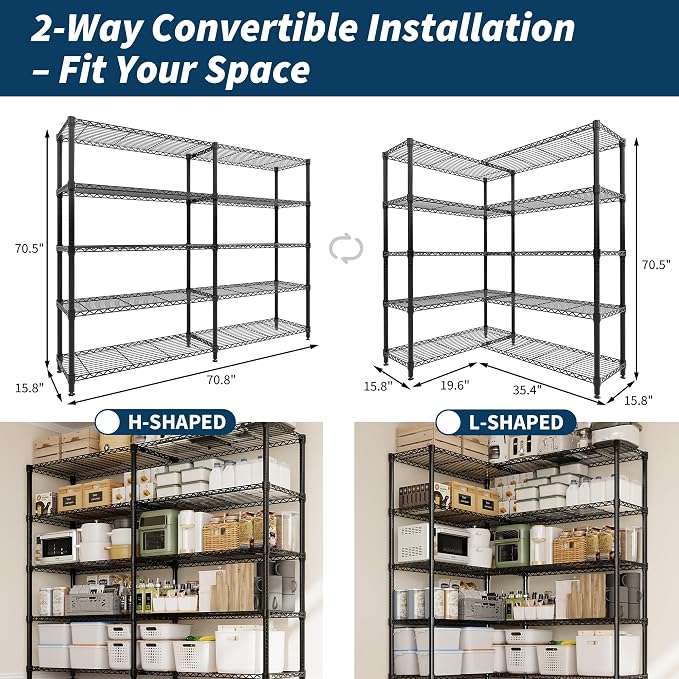 5-Tier Metal Storage Shelves, Heavy Duty Wire Rack Shelving Unit for Garage Kitchen Storage, 15.7"D x 71"W x 70.5"H Adjustable Shelf for Basement & Pantry Room Organization, Easy Assembly