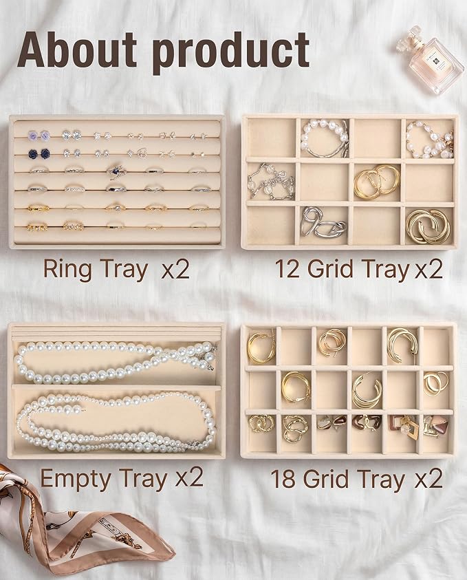 Jewelry Organizer Trays Set of 8,Velvet Jewelry Tray Stackable Storage Drawer Trays for Earring Ring Necklace Jewelry Display Case(8 Set,Beige)