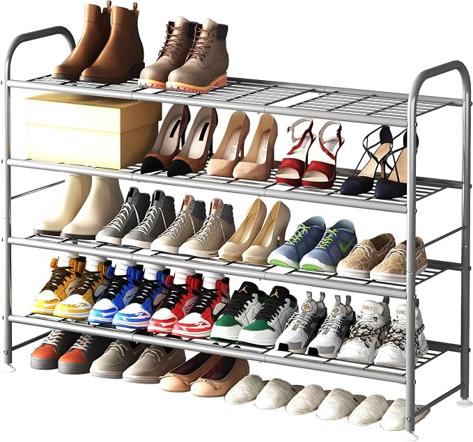 LINZINAR 4 Tier Long Shoe Rack for Closet Metal Shoe Organizer for Entryway | Spacious design stores 25+ pairs of shoes,durable metal frame,space-saving organizer for closet, hallway, and Entryway Grey