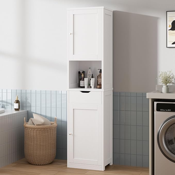 Walsunny Tall Bathroom Storage Cabinet with Freestanding Adjustable Shelves, Narrow Storage Linen Cabinet with 2 Doors and 1 Drawer for Bathroom, Living Room, Kitchen(White)