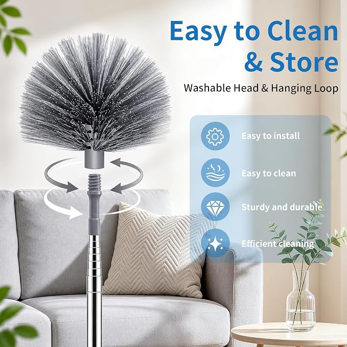 Cobweb Duster with Extension Pole, Upgraded Heavy Duty Thickened Stainless Steel Telescopic Handle for High Ceilings & Ceiling Fans, 90" Total Reach (15.7" Compact), Medium Stiff Bristles (Grey)