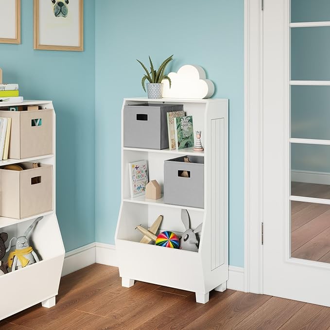 RiverRidge Kids Bookshelf with Veggie Storage and 2 Open Shelves and 2 Gray Fabric Bins - Kids Storage Organizer, Toy Shelf & Book Shelf with Deep Veggie Bin and Top Toy Display Area