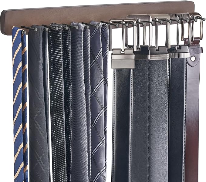 Mkono 2 Packs Tie Rack Wall Mounted Belt Hanger Holder Rustic Wood Tie Organizer for Men Closet Max up 20 Storage for Ties Belts Scarf
