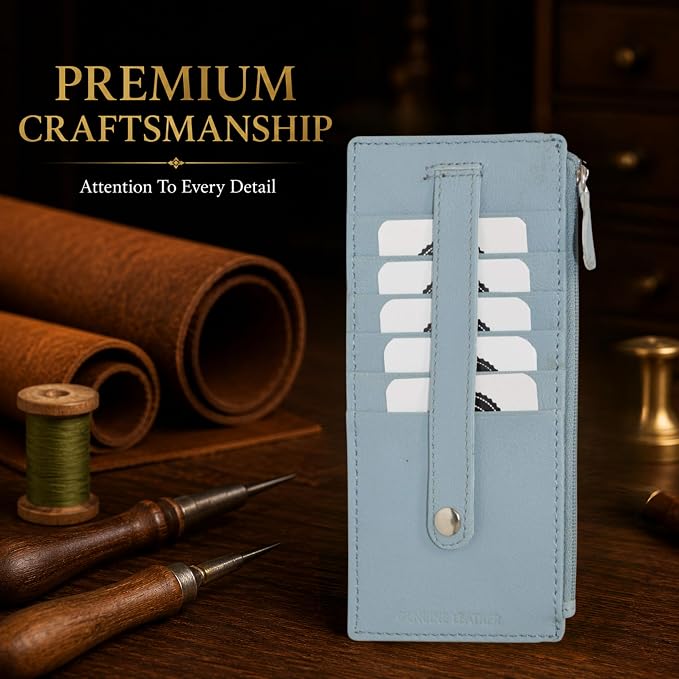 Leatherboss Genuine Leather Women's All in One Credit Business Card Case Holder Slim Zipper Wallet With a Card Protection Strap, Light Blue
