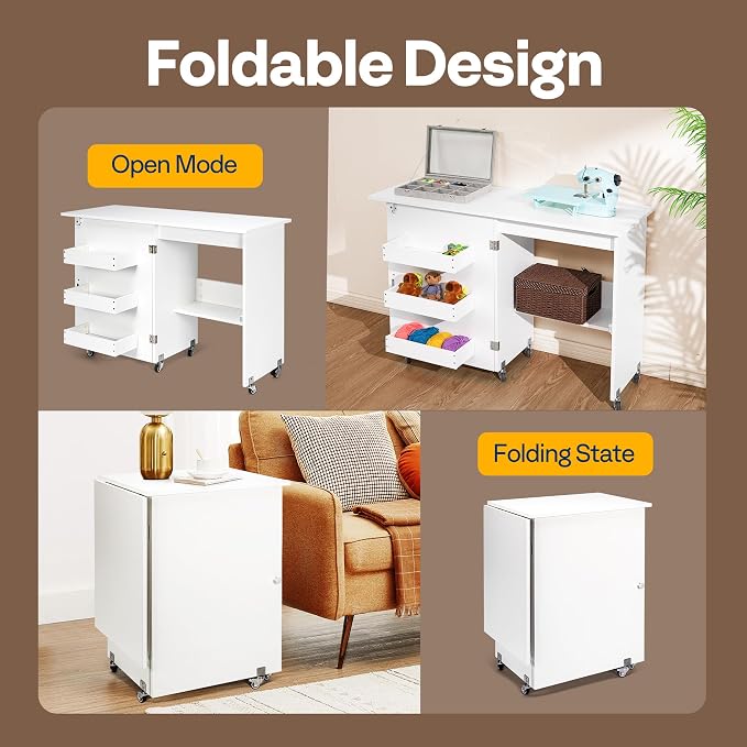 VIVOHOME Folding Sewing Table for Sewing Machine, Sewing Desk with Storage | Rolling Sewing Craft Table with Storage Shelves, Trays, Wheels, Sewing Cabinet with Lift for Small Spaces, White