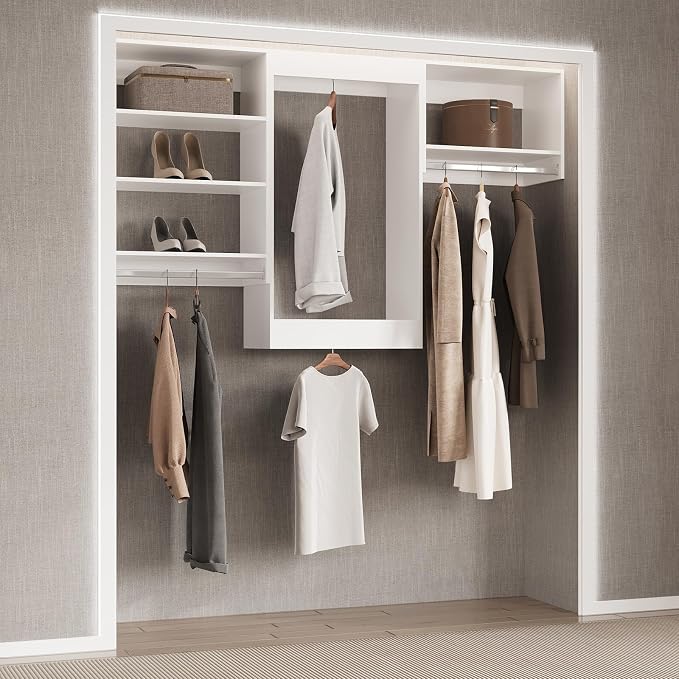Modular Closet System, 102" Wide Closet Organizer System with Hanging Shelving , Wood Tower Closet Storage for Walk In Closets, Wall Mounted Wardrobe Organizer Kit System, Bedroom, White