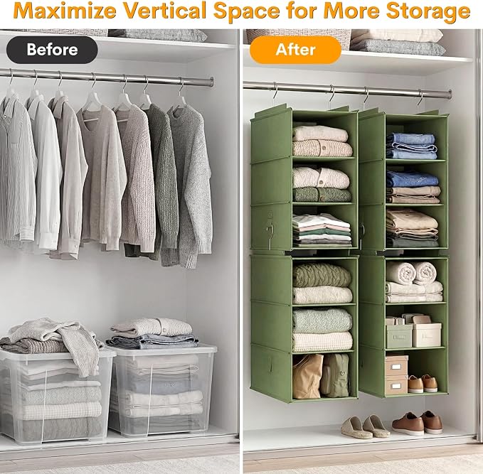 Extra Deep Hanging Closet Organizers and Storage, 2 Pack 3-Shelf | Separable Hanging Shelves with Linen Texture, Foldable & Space-Saving, For Clothes, Handbags, Hats, Closet, Dorm, RV, Green