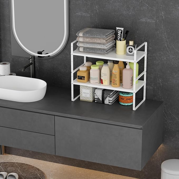 Cabinet Organizer Shelf,Expandable Cabinet Space Rack,Stackable Shelves Adjustable Storage Shelf,Riser for Kitchen Pantry Office,10.24" D,White