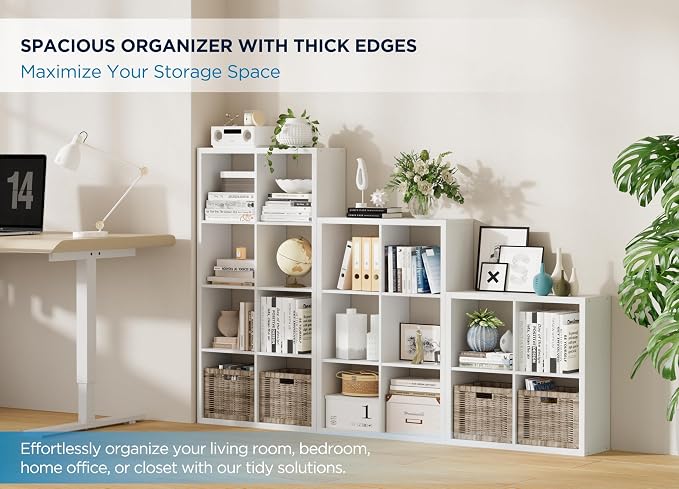 9-Cube Storage Organizer, Wooden Cube Shelf Bookcase with Reinforced Thick Shelves, Heavy-Duty 36.93" L x 9.37" W x 36.93" H, for Living Room Bedroom Home Office, White
