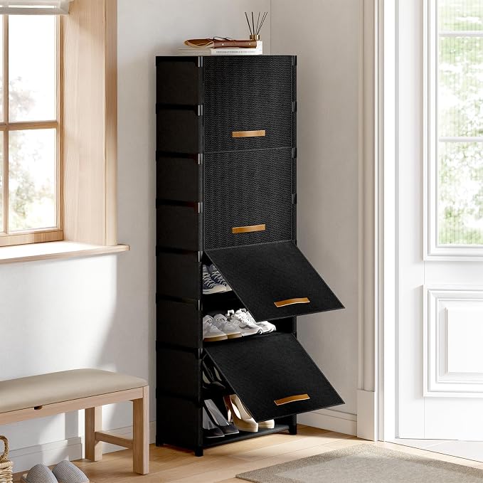 9 Tier Shoe Cabinet with Door, 18-Pair Rack for Closet Black | Non-woven & metal frame, stable. Door blocks dust & pets. DIY split for spaces. Easy assembly.