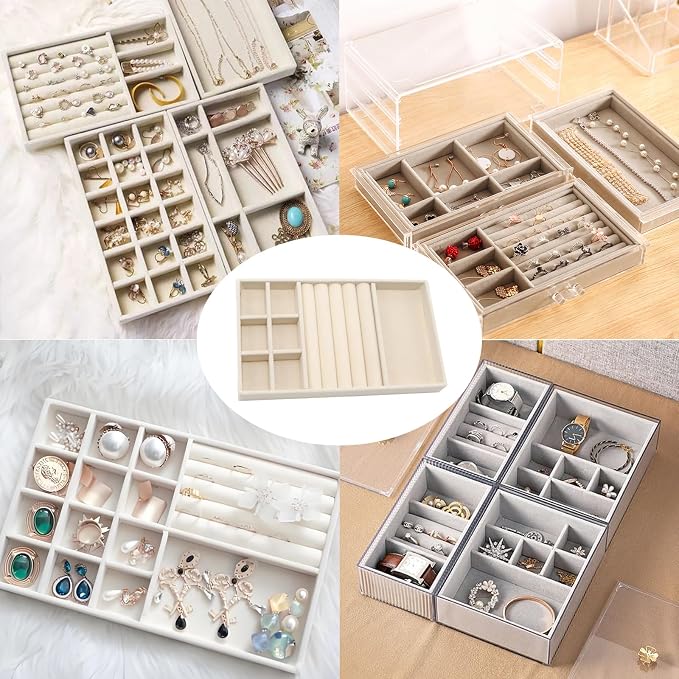 Velvet Jewelry Organizer Trays Beige Stackable Jewelry Storage Display Tray with Removable Dividers, 3-in-1