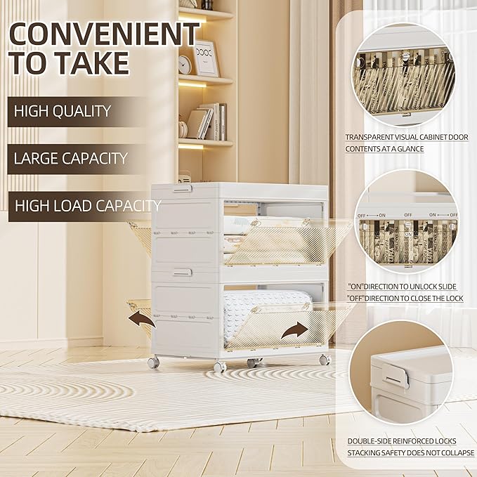 188 QT / 47 Gal Large Foldable Storage Cabinet with Wheels - Extra Capacity, Transparent Front & Back Doors, One-Pull Assembly, Silent Casters for Garage/Stockpile (PP Material)