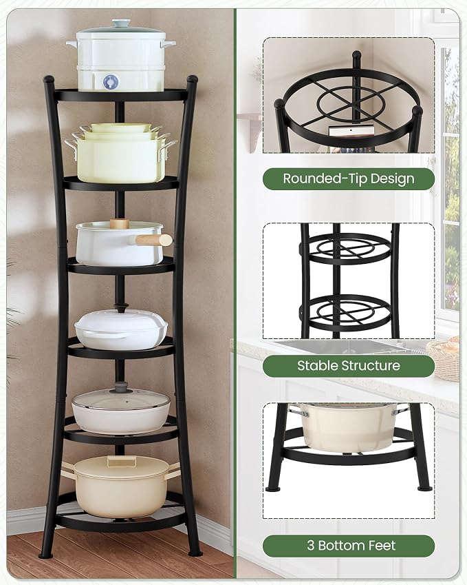 CHOEZON 6-Tier Freestanding Pot Rack, 100 Lbs Capacity Cookware Storage Stand, Sturdy Pan Holder Tower with anti-tip feet, Large Storage Rack with Metal Frame, for Kitchen Dining Room, Black TPR25BB