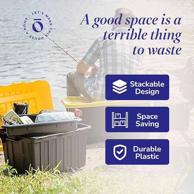 HOMZ Durabilt Heavy Duty Storage Container | 27 Gallon | Flip Lid & Stackable | Durable Tote | Black Base with Yellow Lid, 2 Pack | Heavy-Duty Large Stackable Container Boxes for Home, Attic, and Garage Organization