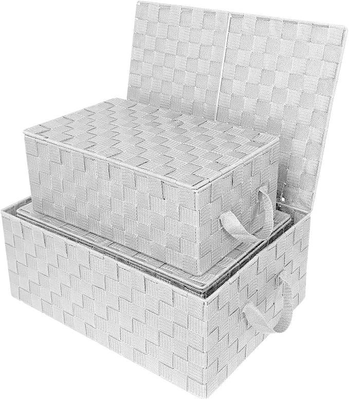Sorbus Set of 3 Storage Baskets for Organizing with Lid, Mesh Hand-Woven Design, Linen Closet Organizers and Storage, Organizer Storage Baskets for Shelves, Variety Pack Organizers and Storage (White)