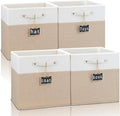 13x13x13 Inch Large Foldable Fabric Linen Cube Storage Bins【4-pack】, with Cotton Handles Closet Bins for Cabinet Shelves Home Organization and Storage bins(White&khaki)