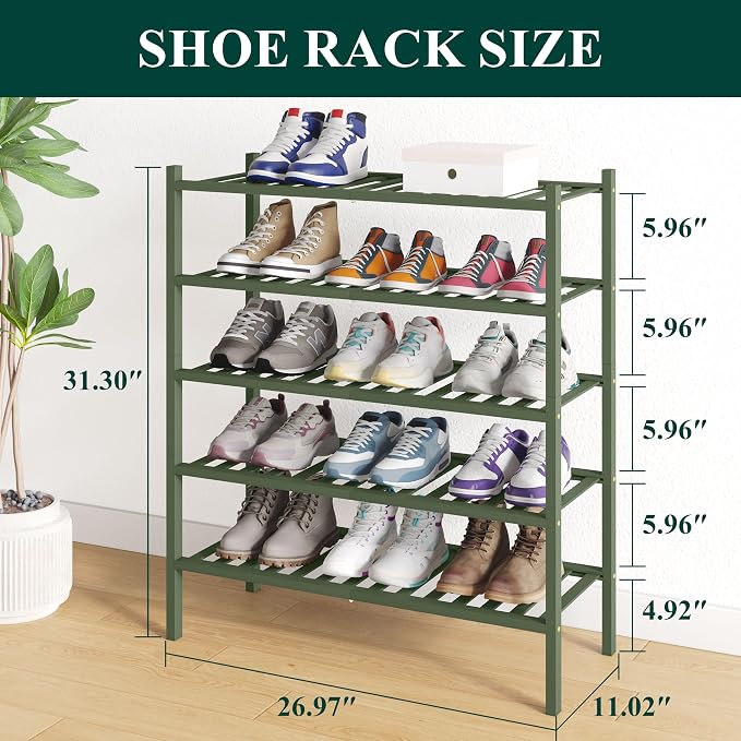 Smiry Bamboo Shoe Rack for Closet, 5 Tier Wooden Shoe Organizer, Stackable Wood Shoe Storage Shelf for Entryway, 14 Vertical Slats, 2+3 Stack Heavy-Duty Legs, 26.77"x11.02"x31.3", Green