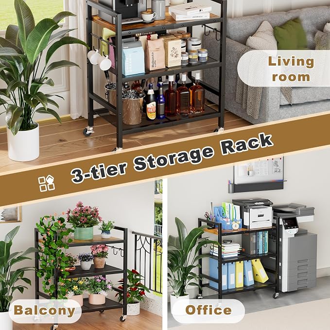Rolling Kitchen Microwave Cart, 3 Tier Microwave Stand with Wheels, Bathroom Organizers and Storage Shelf, Serving Cart, Baker's Rack, Coffee Bar Table Station for Kitchen, Office, Brown