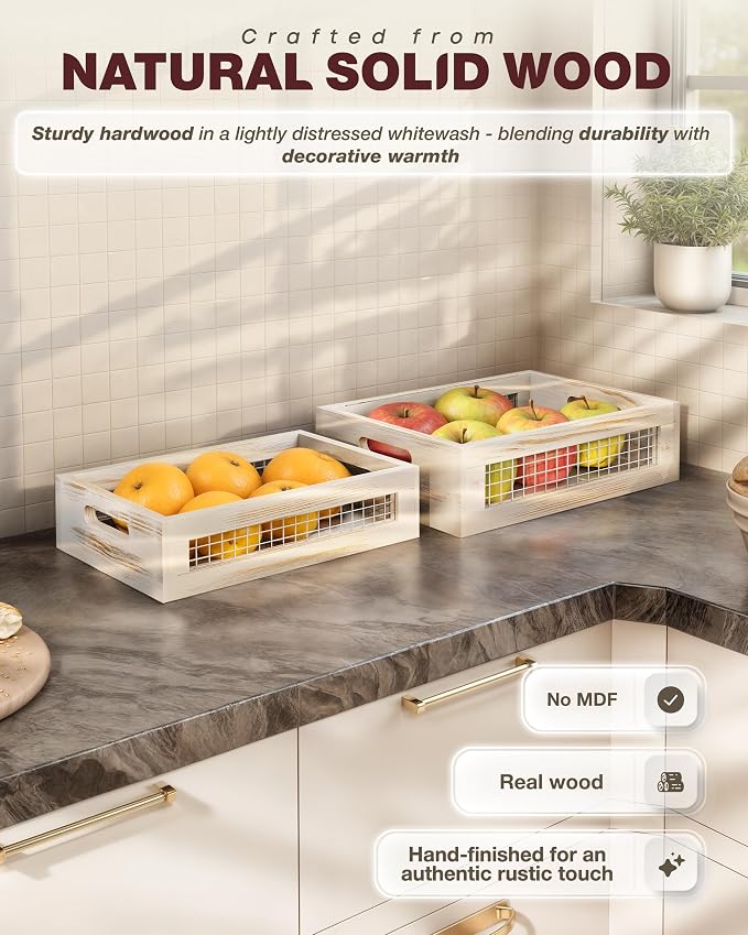Wooden Countertop Baskets Set of 2 for Kitchen, Bathroom, Pantry|Wall Mount Upgrade with Full Accessories| Rustic Nesting Boxes|Wooden Organizer Crates for Fruit, Vegetables, Produce, Bread