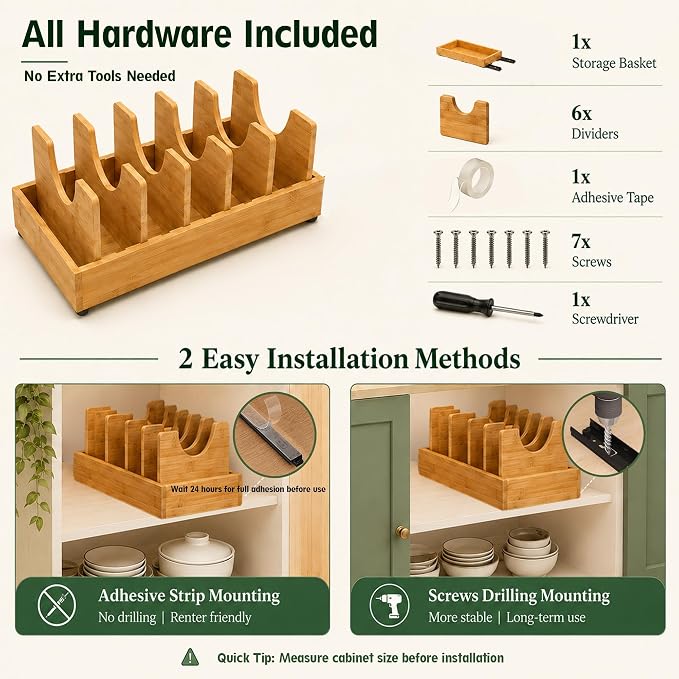 Pull Out Pots and Pans Organizer, Bamboo Cabinet Storage Rack | Pots and Pans Organizer Under Cabinet, Bamboo Sliding Rack with Adjustable Dividers for Lids, Bakeware, Cutting Boards
