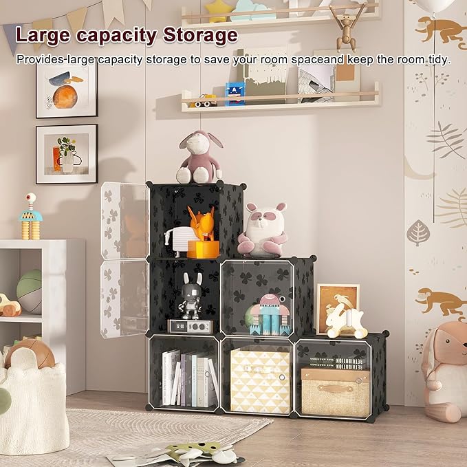 C&AHOME Cube Storage Organizer with Doors, 6-Cube Shelves, DIY Plastic Modular Bookshelf, Closet Clothes Storage Shelving Ideal for Bedroom, Living Room, Clover Embossed, Black