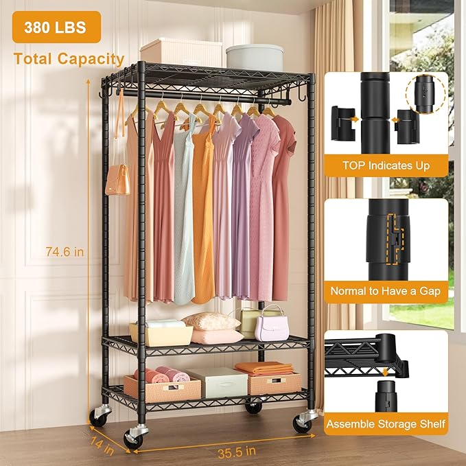 FUTASSI Rolling Clothes Rack, Clothing Racks for Hanging Clothes, Black | P6 Heavy Duty Garment Rack with Wheels, 3 Tier Freestanding Portable Closet Rack with Shelves, 35.5 In Wide, Max Load 380 LBS