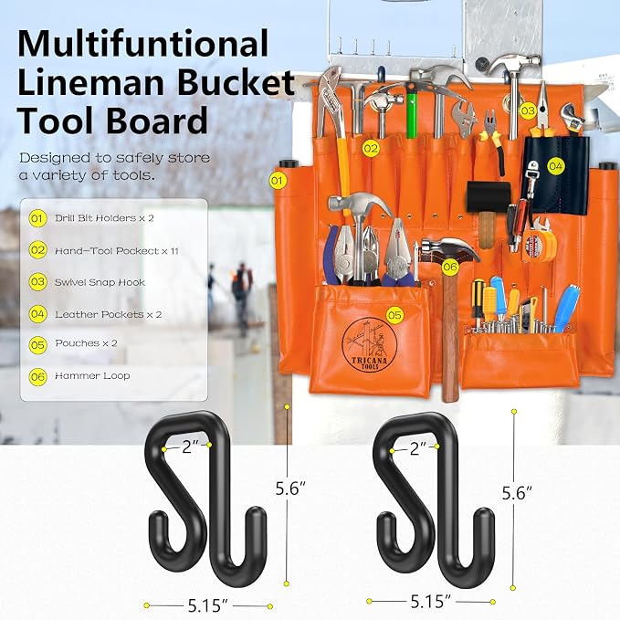 Lineman Tool Board, Aerial Apron, Bucket Truck Tools Organizer with Over 16 Pockets, Tool Organizer for Bucket Trucks and Lineman, Includes Two 2” Bucket Hooks