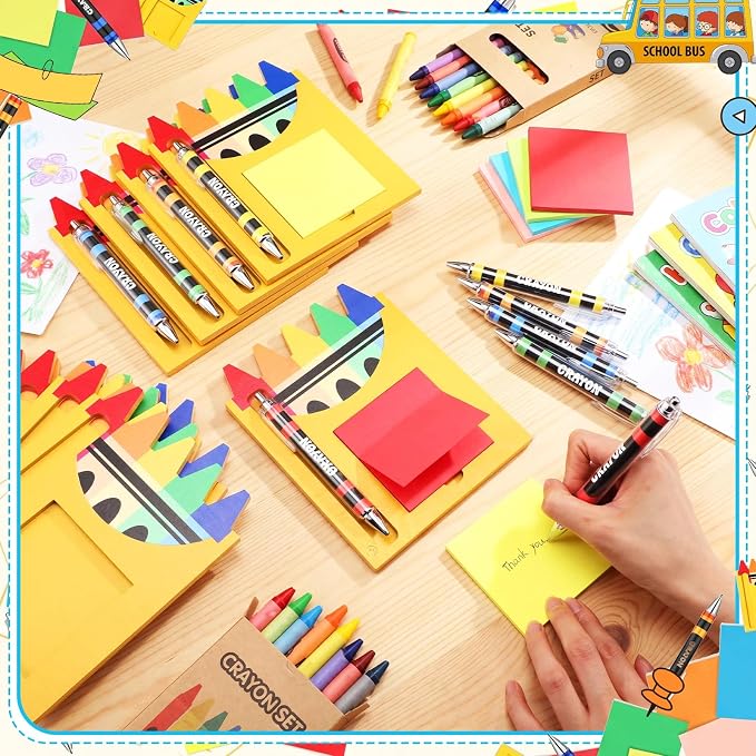 Kosiz 10 Set Back to School Teacher Appreciation Gift Bulk Crayons Wooden Sticky Note Holder with Note and Ballpoint Pen Crayons Party Favor for Back to School Classroom Teacher Gift