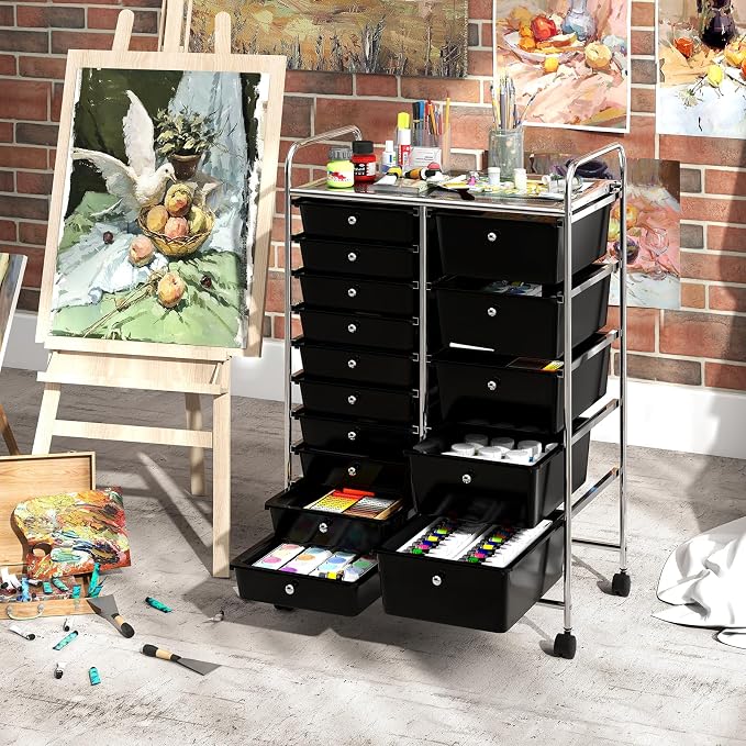 DREAMADE 15-Drawer Rolling Storage Cart, Mobile Craft Cart, Black | Utility Organizer with Lockable Wheels, Removable Plastic Drawers and Metal Frame for Home Office, Classroom and Studio